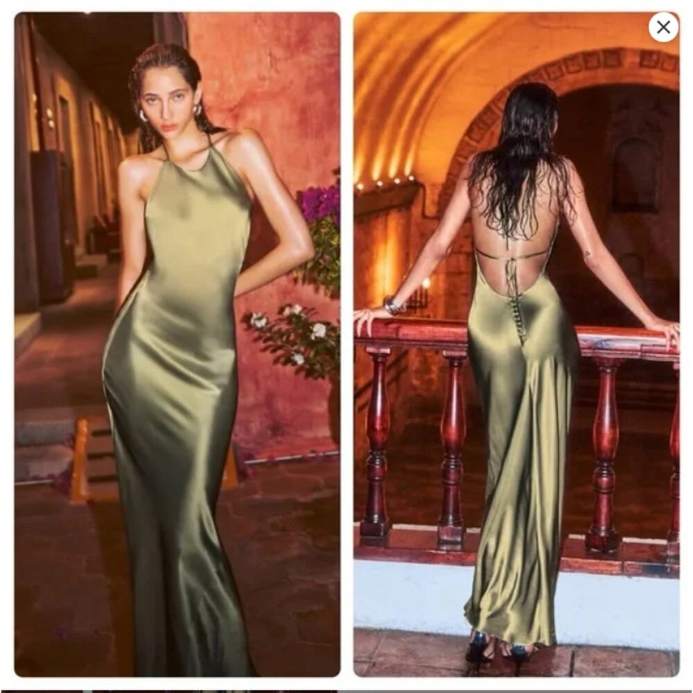 Reformation Jeany Silk Maxi Dress L Olive Oil NWT
